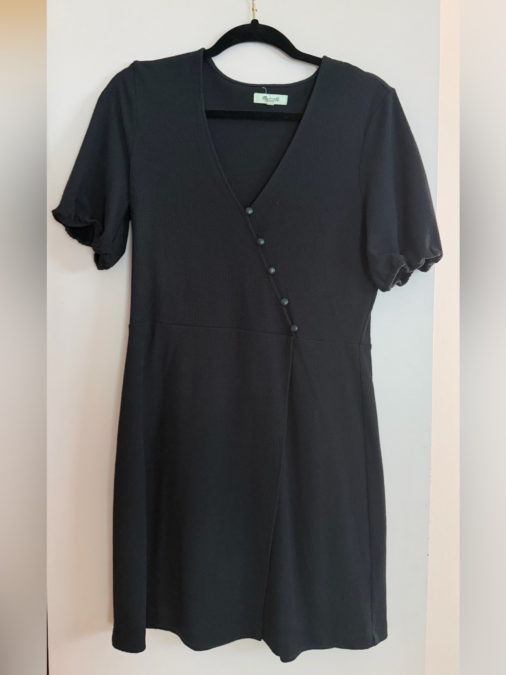 Madewell Black V-Neck Mini Dress with Diagonal Button Detail
